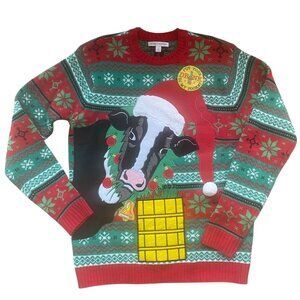 Celebrate Together Ugly Christmas Cow Sweater Drink Pocket Red Green Fair Isle M